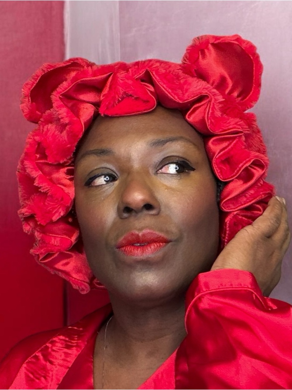 Red Bear Faux Luxe Fur Bonnet Handmade Red Satin Lined Sleeping Bonnet